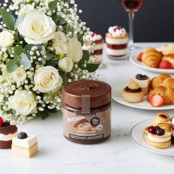 Cremiger Schokoladen -  Aufstrich im Glas mit Etikett auf einem hellen Tisch mit Rosen und Törtchen