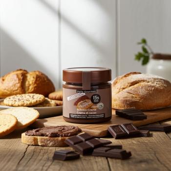 Preview: Cremiger Schokoladen -  Aufstrich im Glas mit Etikett auf einem Tisch mit Gebäck