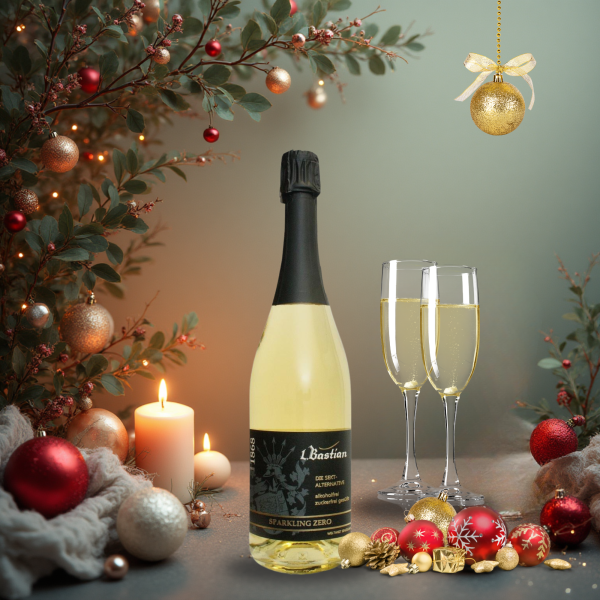 Sparkling Zero Brut Style vor weihnachtlichem Hintergrund